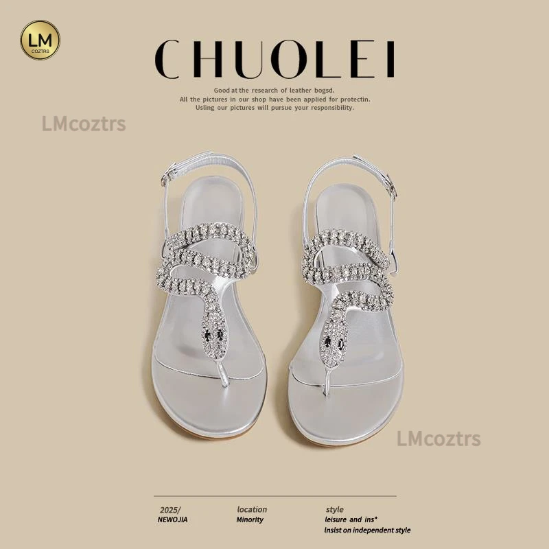 银色凉鞋女2025夏季新款本命蛇年水钻法式外穿水钻高跟夹趾凉拖鞋