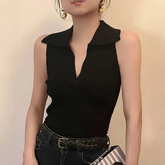 法式女背心打底polo领挂脖显瘦精致上衣洋气上档次夏季新款针织衫