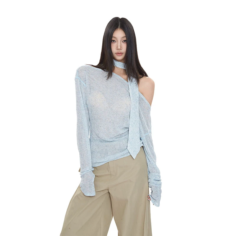 withmin凉皮 蓝岛之恋 宽松微透斜肩春夏带飘带T恤上衣【2522175】