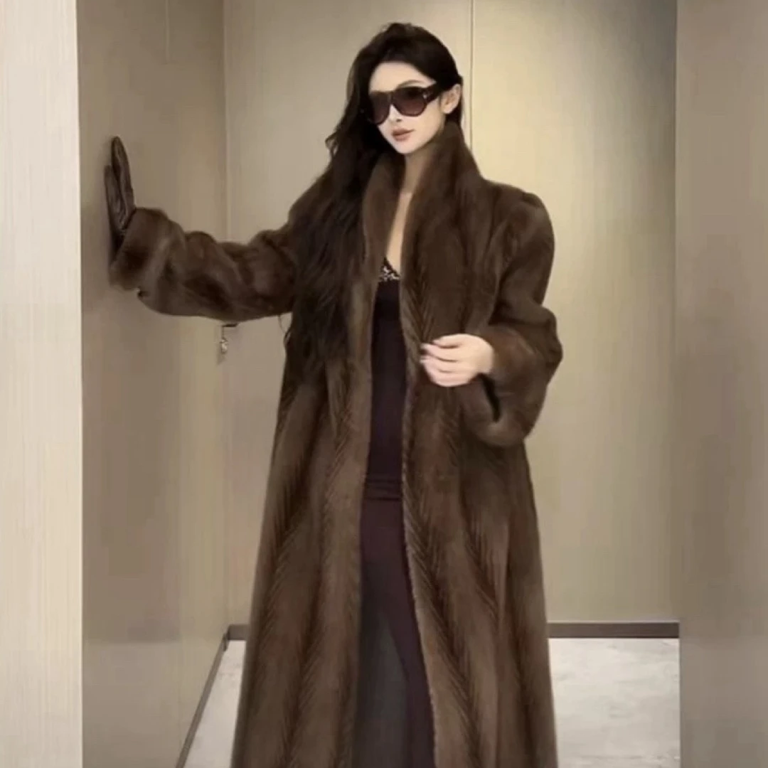 【YY·Fur】“浅影流金”秋冬新款高端气质仿水貂毛长款轻奢皮草外套