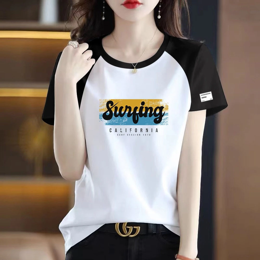 女士短袖T恤夏季新款洋气百搭插肩撞色拼接半袖显瘦上衣品质女装