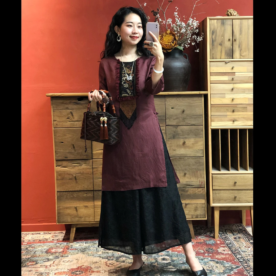 【羊在在】民族风国风夏季新款重工刺绣圆领气质流苏连衣裙L035