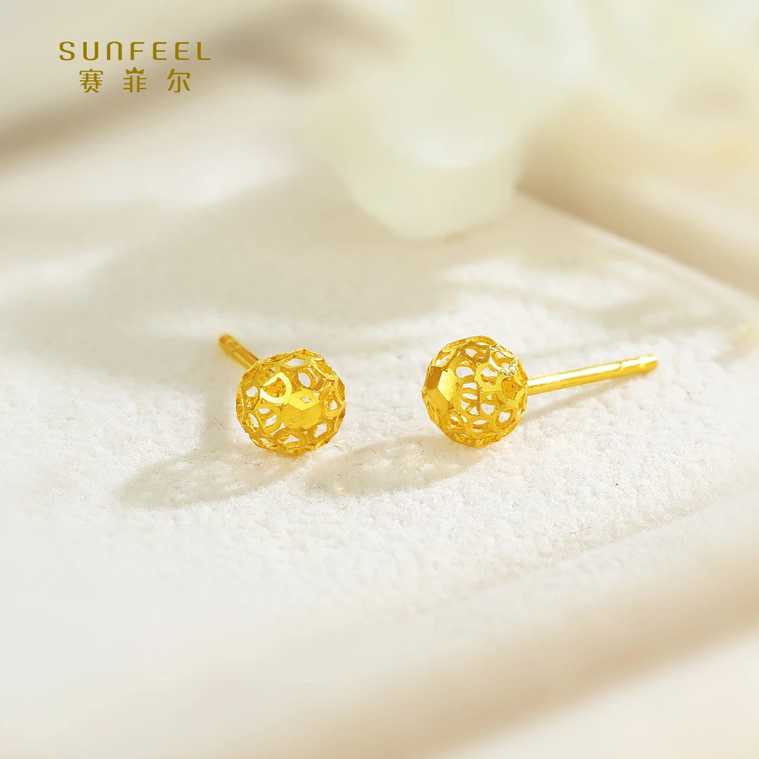 SUNFEEL/赛菲尔【八店】足金5G时尚镂空直针豆豆耳钉5GE00727