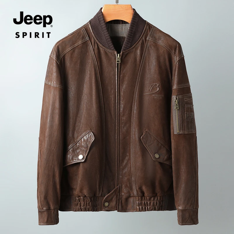 JEEP SPIRIT 秋冬男士皮衣复古做旧山羊皮夹克休闲棕色时尚皮外套