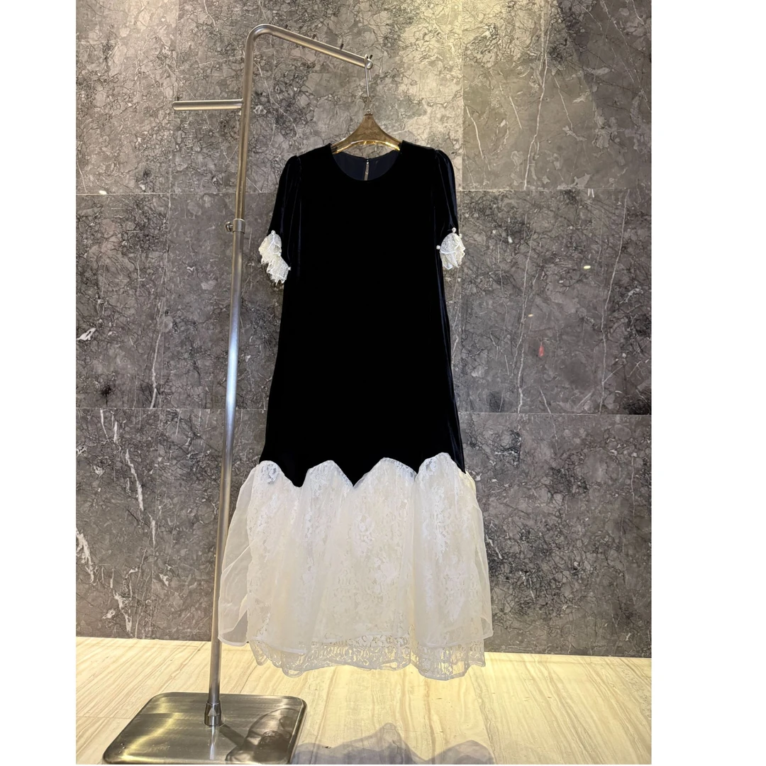 下摆波浪花瓣欧根纱拼接蕾丝100%桑蚕丝真丝丝绒显瘦宽松连衣裙