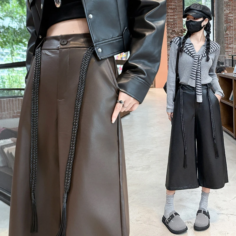 PU皮裤阔腿裤女款新款秋冬靴裤高腰直筒显高显瘦七八分宽松皮裤子