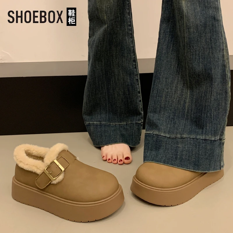 达芙妮集团鞋柜厚底勃肯鞋女2025冬新款一脚蹬雪地靴皮面保暖棉鞋