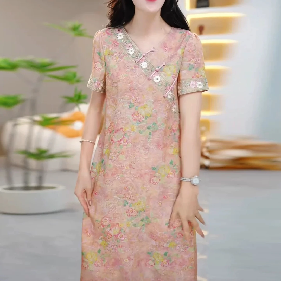 【衣雅严选】8102-2001#新款重磅花罗桑丝提花重工刺绣盘扣连衣裙