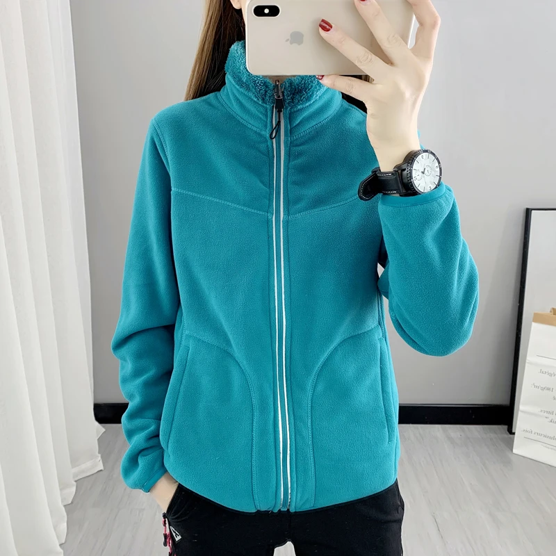 女士冬季户外加绒加厚两面穿抓绒衣立领开衫保暖摇粒绒内胆