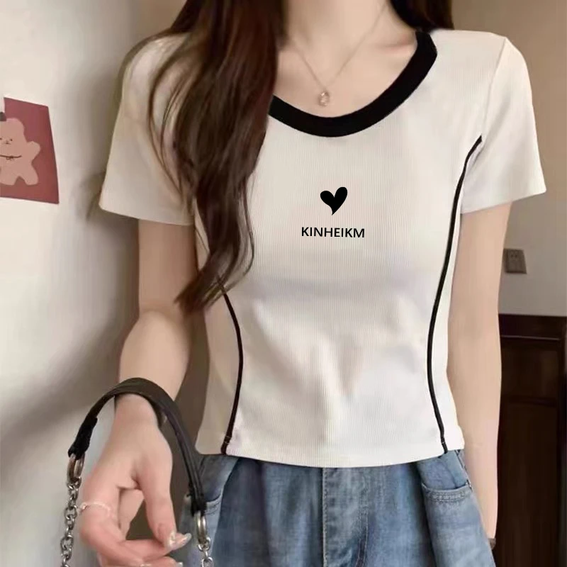 正肩短袖t恤女装夏季修身半袖显瘦印花体恤小衫拼色圆领鱼骨上衣