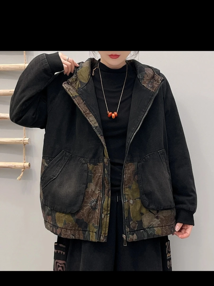 冬季加棉炒色水洗做旧牛仔休闲外套短款时尚复古连帽宽松加厚
