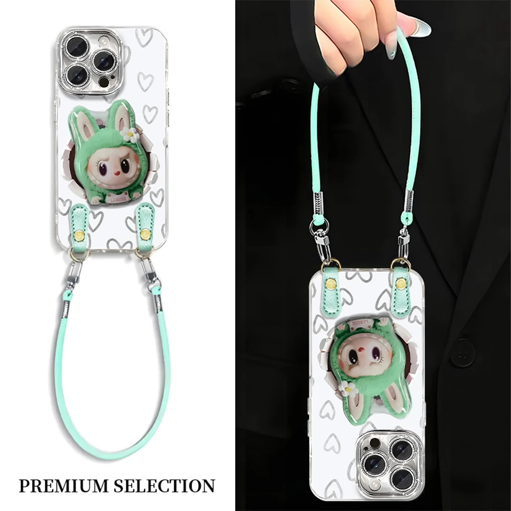 情侣爱心支架小怪兽适用苹果16新款华为Mate60挂绳手机壳ZX00118