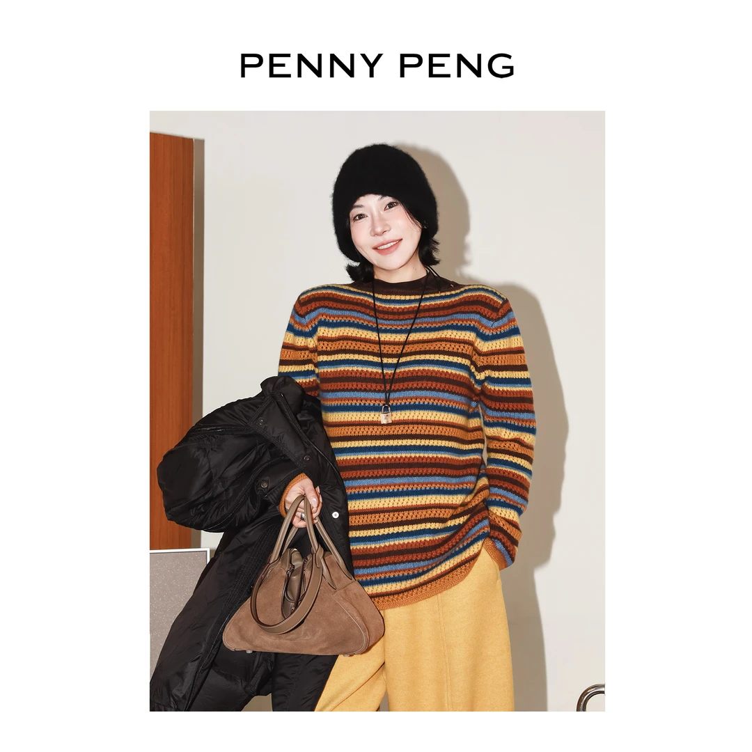 PENNYPENG盗梦空间 秋冬新款多彩条纹慵懒风柔软轻盈羊绒羊毛上衣