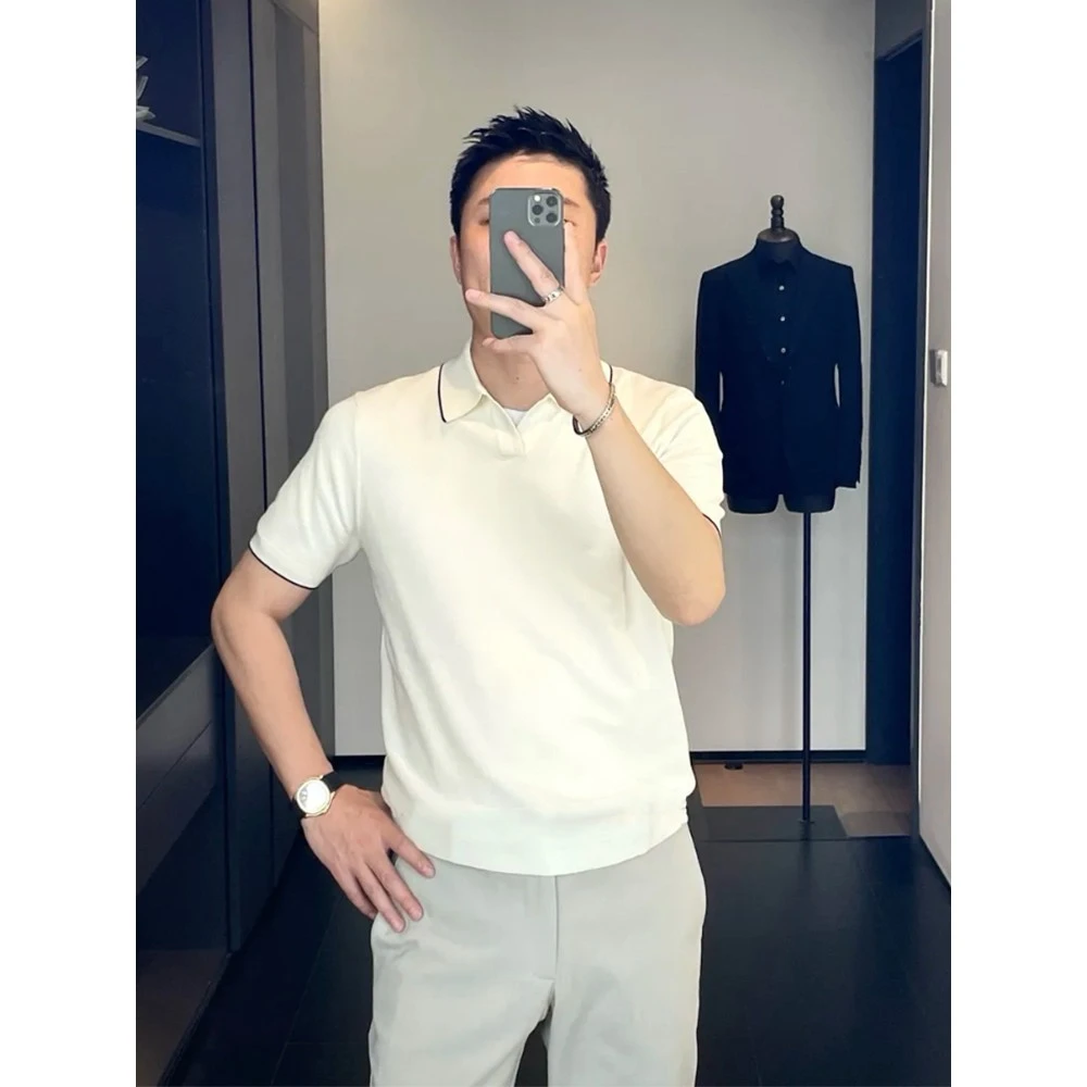 成熟稳重男装V领冰丝短袖男Polo衫夏季薄款气场强大高级感男装