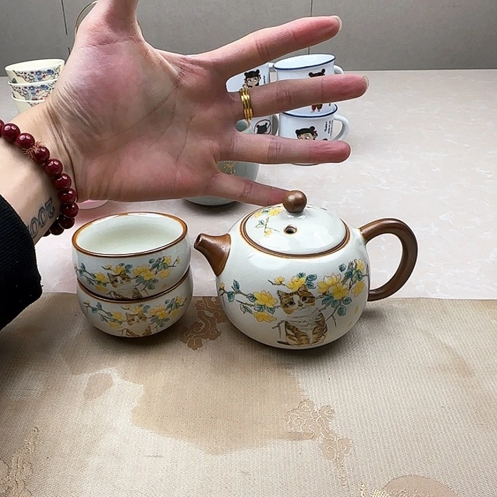 汝窑猫咪西施一壶两杯断水