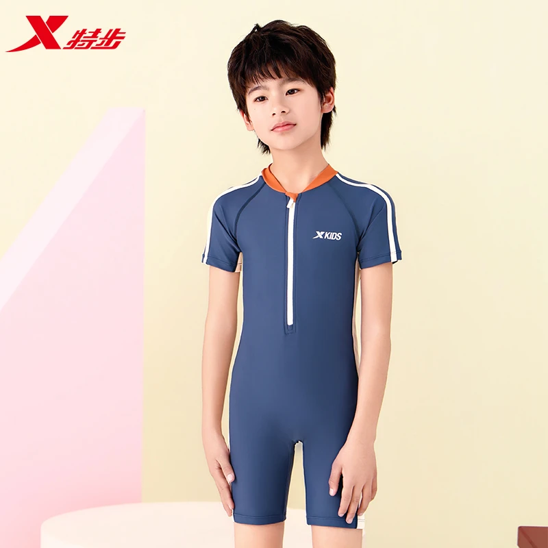 特步儿童泳衣男孩连体2025新款男童小中大童专业训练游泳衣泳装夏