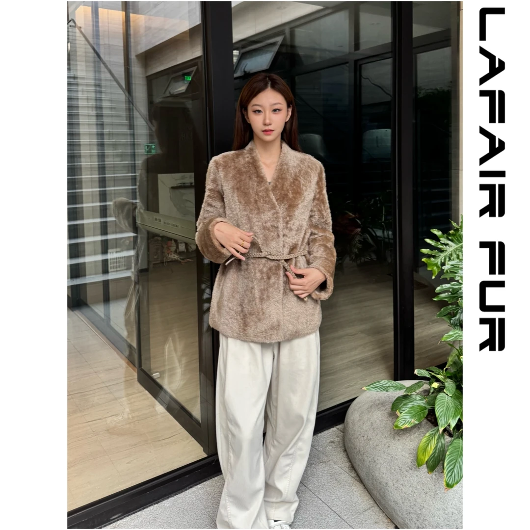 拉法菲尔秋冬中款V领时尚百搭皮衣外套25205