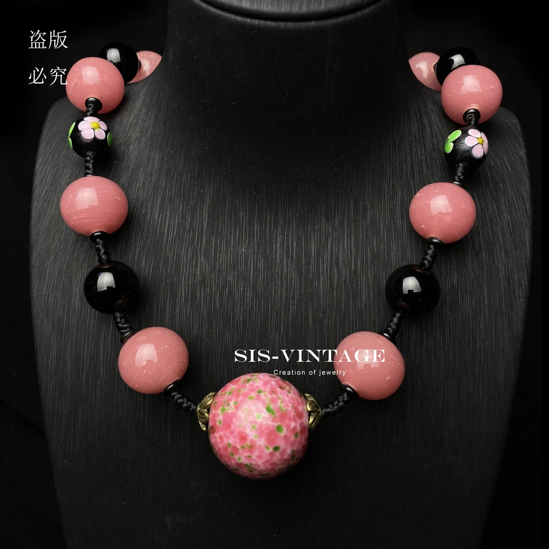 合金琉璃项链 年年 金红粉古法琉璃太太服旗袍国风项链