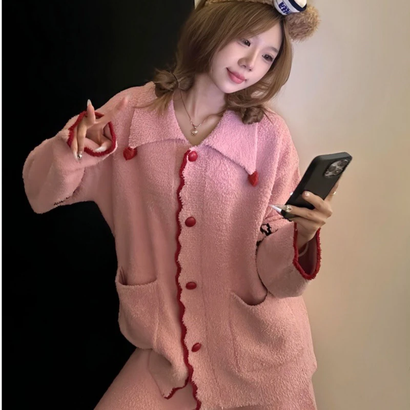 粉色少女半边绒加绒加厚设计感针织开衫长裤冬季珊瑚绒家居服套装