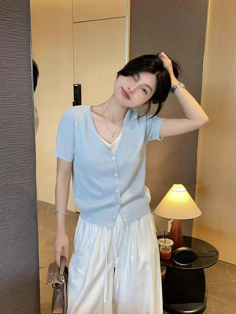 小个子假两件v领针织冰丝短款上衣夏季韩版修身正肩短袖t恤I4-54