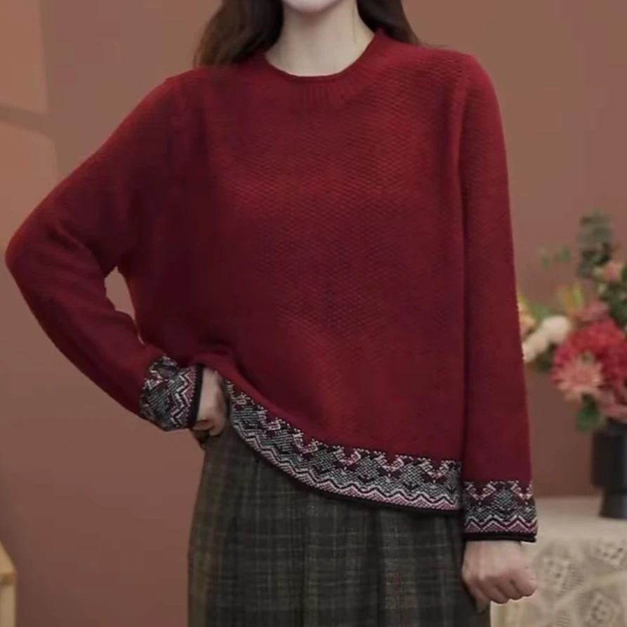 2025秋冬新款文艺复古撞色提花棉线针织衫女圆领套头宽松休闲毛衣