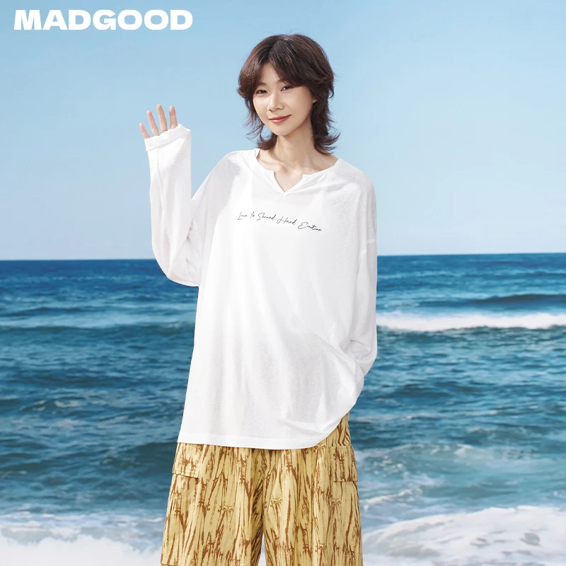 madgood马得工地日系小V领长袖印花水印宽松版型罩衫MDGDCX252391