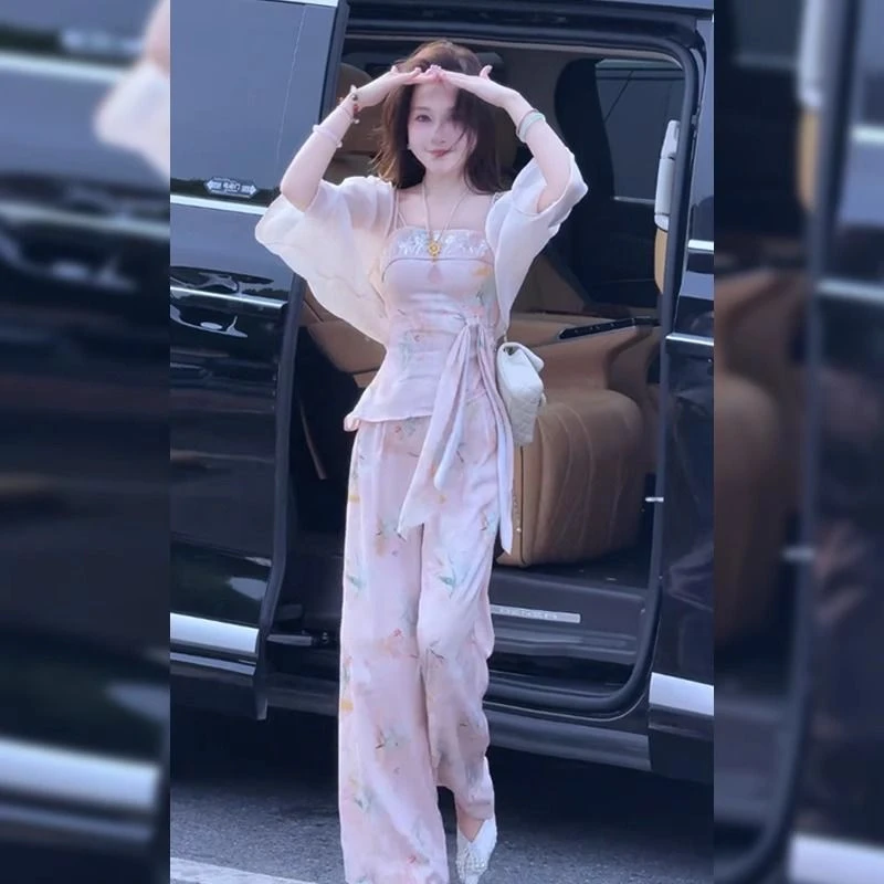 新中式气质超仙防晒开衫国风吊带上衣阔腿裤女装2025夏季新款套装