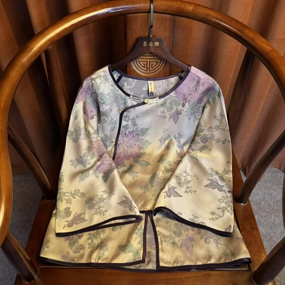 【可望】2025秋季新中式盘扣圆领提花气质复古宽松国风上衣女装001