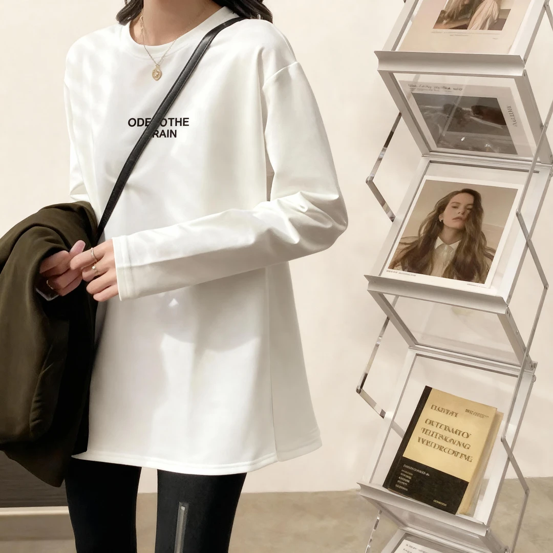 2025新款打底衫早秋长款宽松棉T白色百搭外穿简约女士内搭