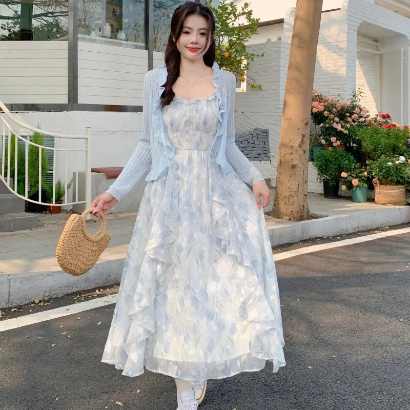 夏日新款女装法式清新俏皮荷叶边中长款束腰显瘦A字吊带裙装适合