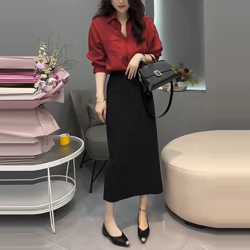 夏季新款简约通勤时尚套装洋气百搭防晒衬衫高腰显瘦半身裙两件套