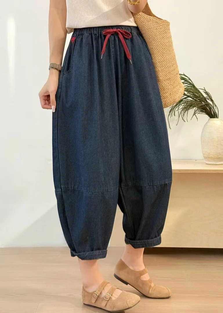 松紧腰大码宽松纯色束脚九分文艺休闲简约牛仔哈伦裤