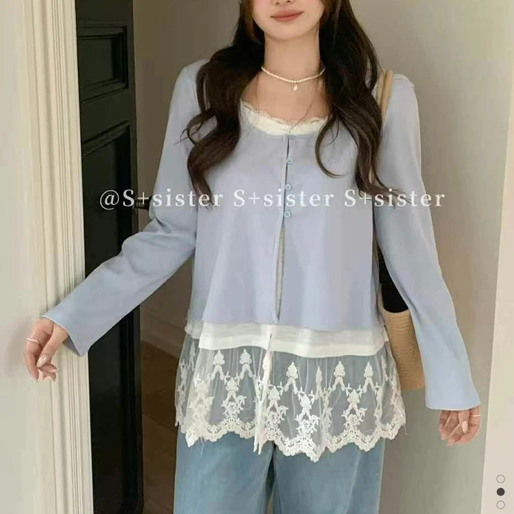 S+ 86676大码韩版蕾丝拼接两件套上衣针织小衫女显瘦纯欲风上衣
