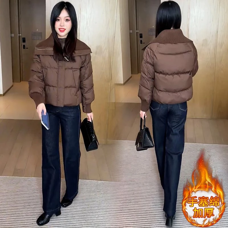 针织拼接大翻领棉服女2026冬季新款时尚洋气加厚保暖短款棉衣外套