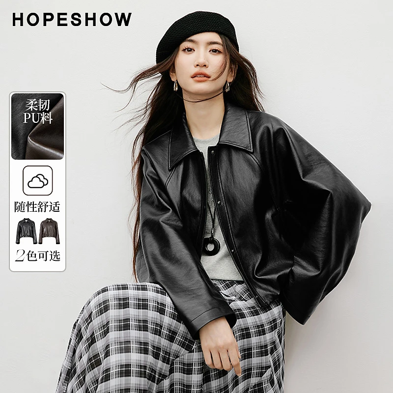 红袖2025秋季女装 结构线连肩蝙蝠袖翻领短款PU皮外套90125310404