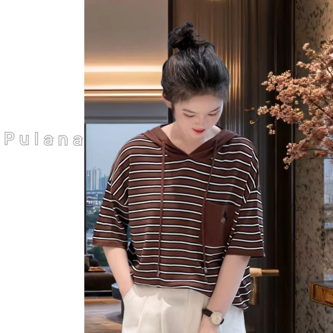 普拉那 336 连帽条纹短袖t恤女装夏季新款小个子短款上衣针织衫