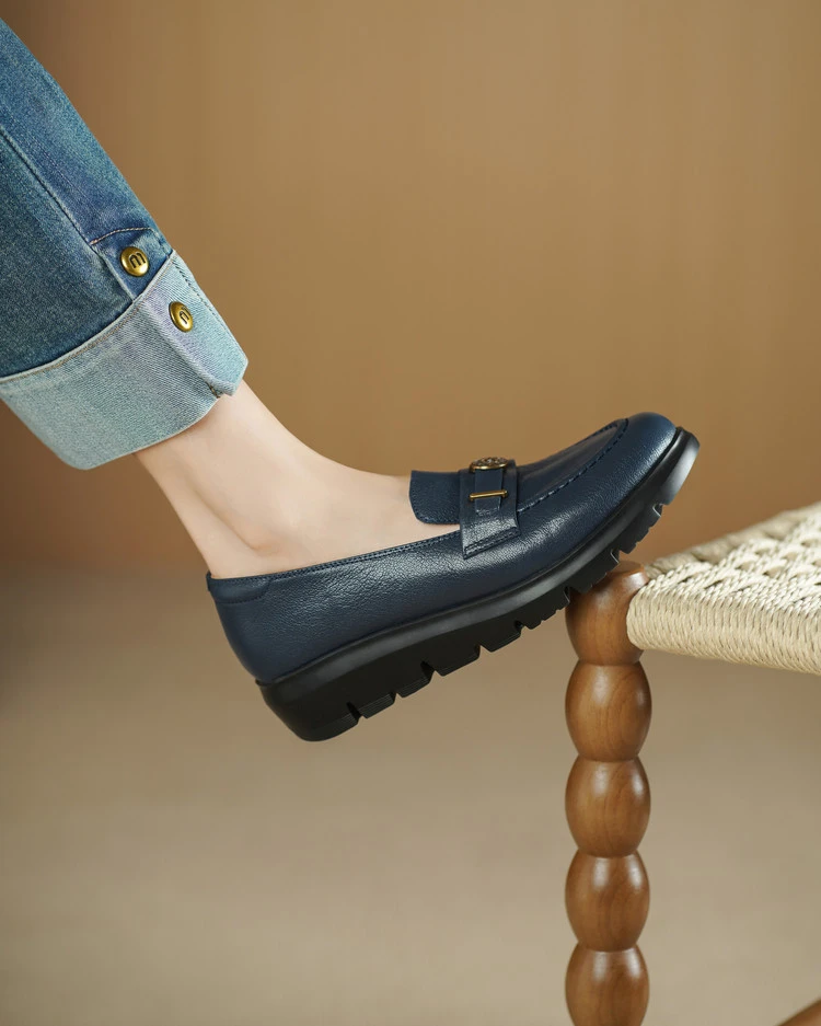 新款真皮气质圆头百搭厚底乐福鞋鞋子女ins潮牌百搭鞋子