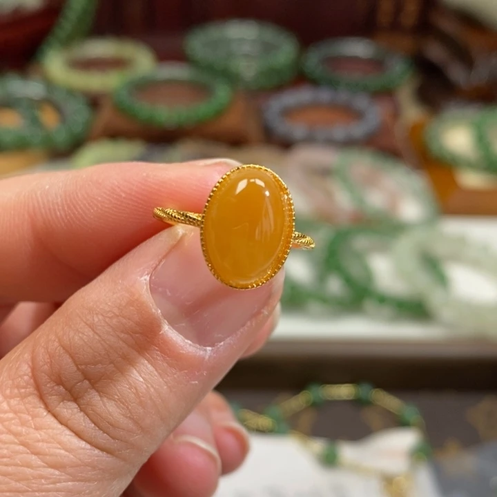 和田玉（糖玉）银S925镀金镶嵌戒指