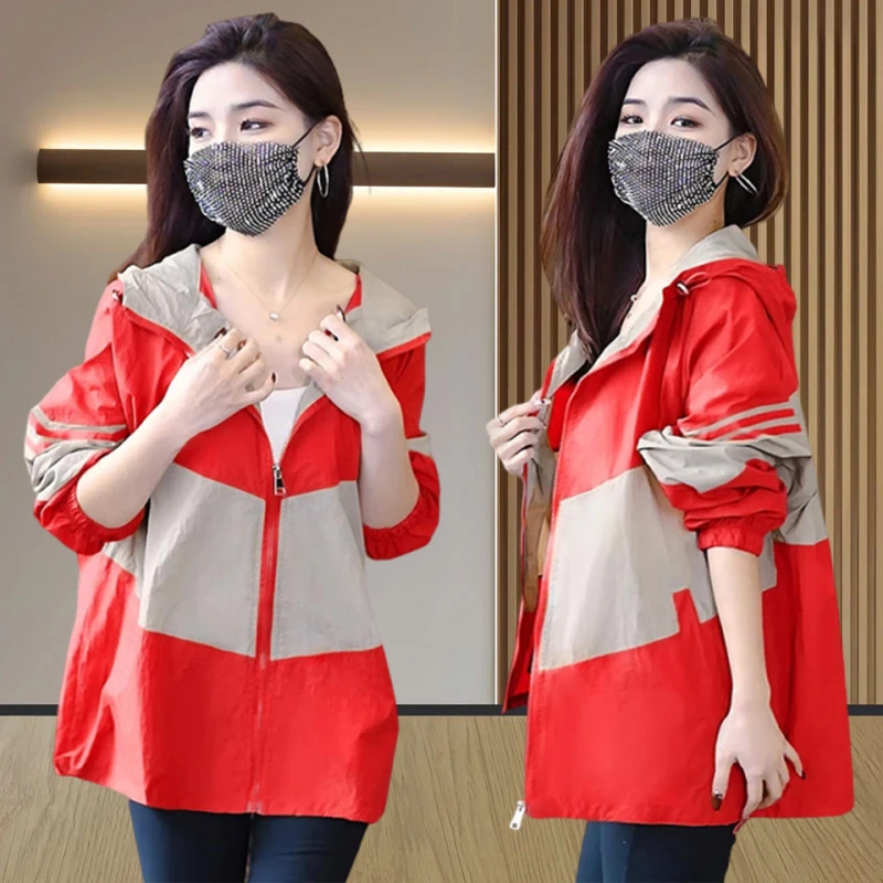 清凉透气撞色连帽防晒衫女2025夏季新款简约百搭潮流流行外套女款