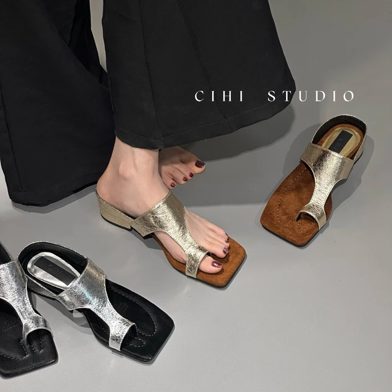 Cihi設計/563-心动現場-原创小众设计～！方头套趾内增高露趾凉拖