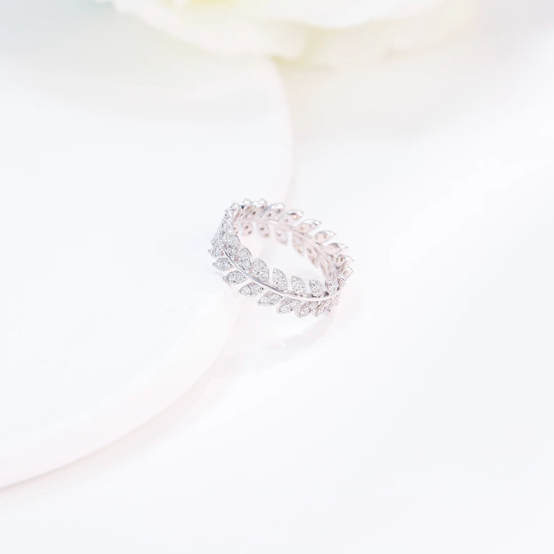 18K金天然钻石戒指气质轻奢时尚叶子小众简约个性满钻精致