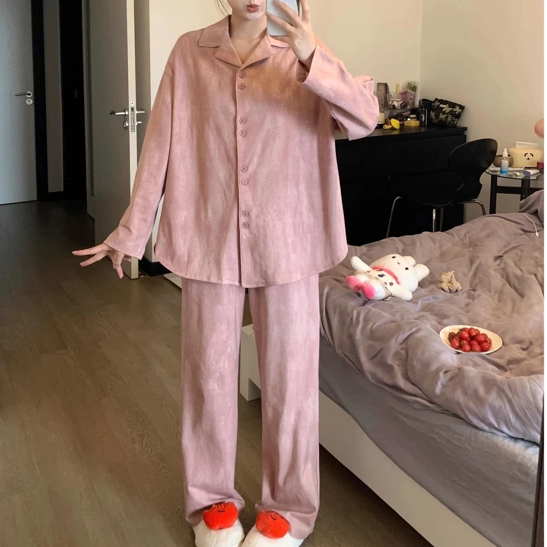2024秋季高级感轻奢藕粉色睡衣女长袖带胸垫宽松可外穿家居服新款