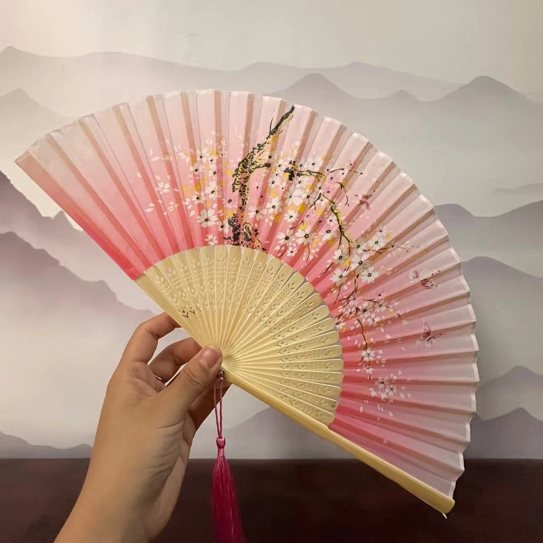 渐变粉樱花扇印花竹片折扇！爆款精工密雕竹子旅游穿搭居家摆