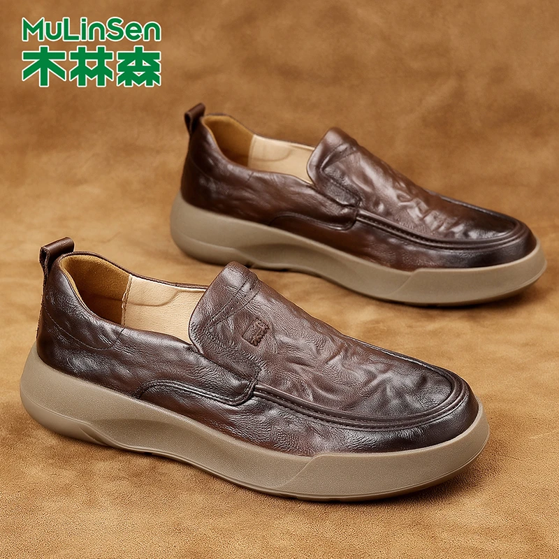 木林森皮鞋冬季新款男鞋懒人一脚蹬豆豆鞋时尚真皮软底休闲乐福鞋