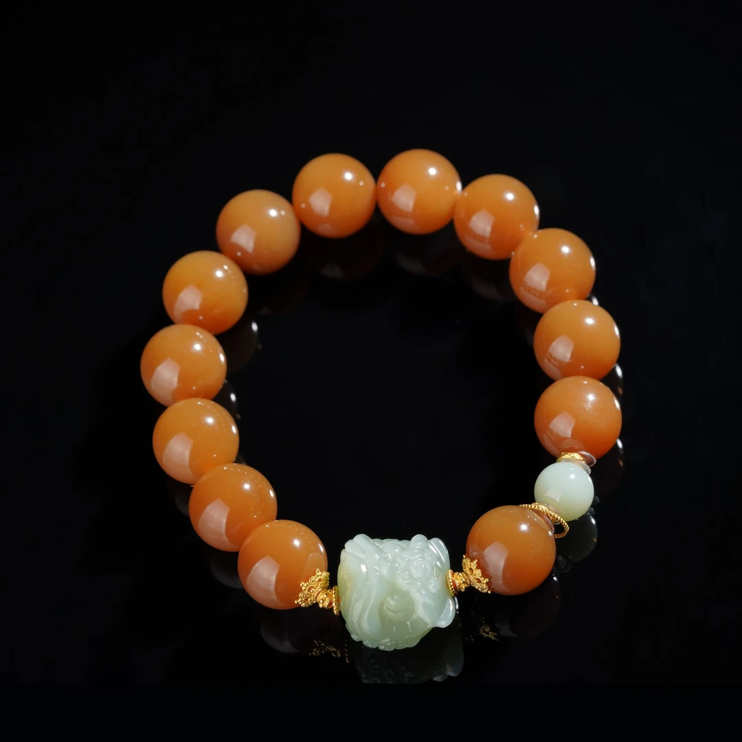 【鹿鸣】金秋 | 收藏级18k金和田玉糖料黄金糖圆珠手串 12mm P168