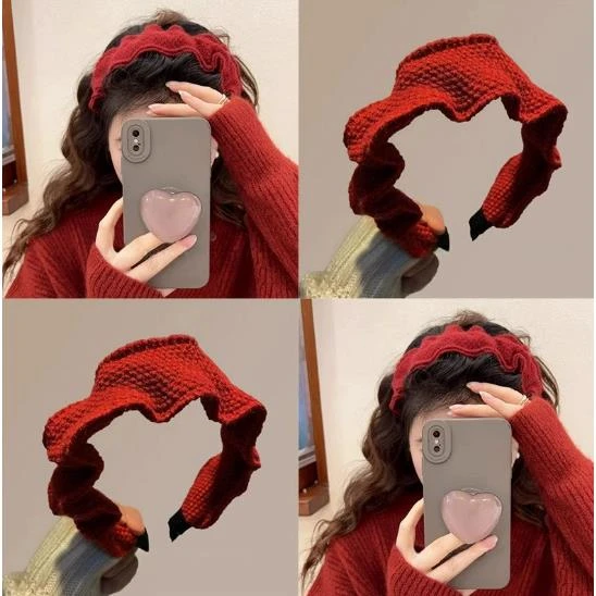 高颅顶褶皱毛线宽版发箍头箍女覆古红色针织发卡头饰显脸小发饰冬