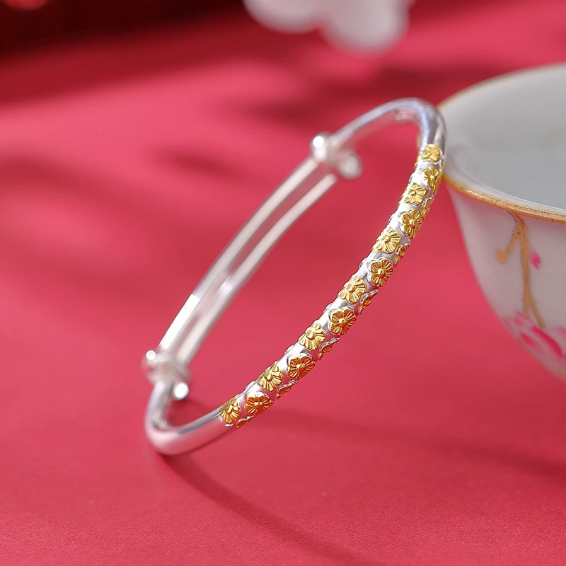 小银匠 足银手镯 999纯银镯子女国风古法梅花新中式古风手饰礼物