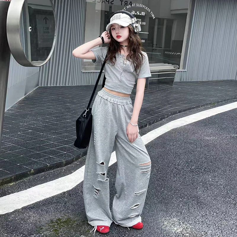 【酷哒仔】女童短袖上衣破洞裤子两件套装2025夏季中大童女孩子套装