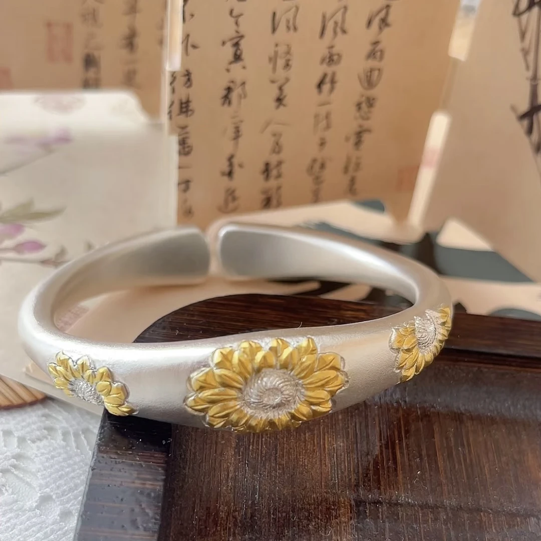 足银手镯 银鹤轩“向阳”纯手工向日葵錾刻贴金足银999.9手镯镯子