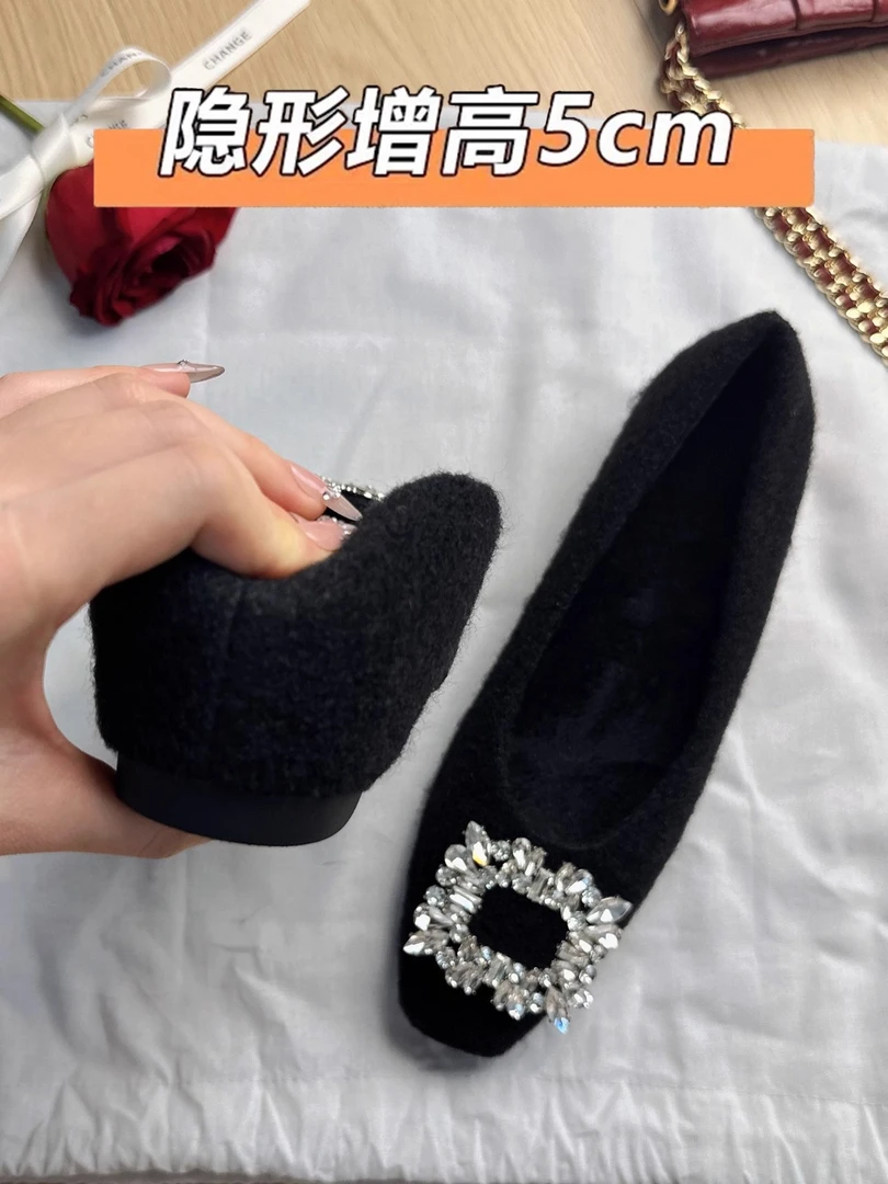 隐形内增高5cm韩系加绒方头单鞋浅口时尚秋冬粗跟方钻外穿高跟鞋